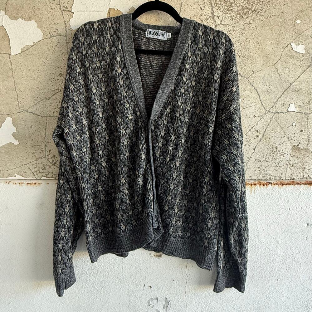 Vtg Grandpa Cardigan Geometric Knit Button Front Grey Neutral Lavane NY Unisex M
